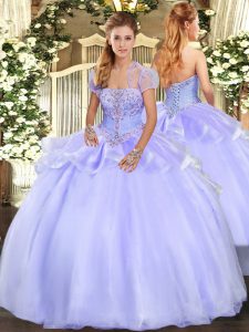 Admirable Lavender Organza Lace Up Strapless Sleeveless Floor Length 15th Birthday Dress Appliques
