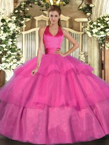 Fuchsia Lace Up Sweet 16 Quinceanera Dress Ruffled Layers Sleeveless Floor Length