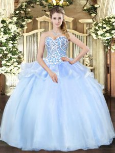 Noble Floor Length Light Blue Quince Ball Gowns Sweetheart Sleeveless Lace Up