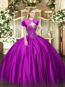 Exceptional Sweetheart Sleeveless Vestidos de Quinceanera Floor Length Beading Fuchsia Satin