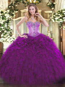 Eggplant Purple Lace Up Sweetheart Beading and Ruffles Sweet 16 Quinceanera Dress Organza Sleeveless