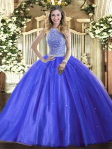 Adorable Floor Length Lace Up Quinceanera Gown Blue for Military Ball and Sweet 16 and Quinceanera with Beading