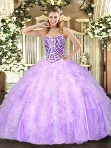 Lavender Ball Gowns Sweetheart Sleeveless Tulle Floor Length Lace Up Beading and Ruffles Quinceanera Dresses