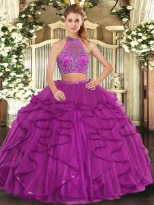 Chic Floor Length Fuchsia 15th Birthday Dress Halter Top Sleeveless Criss Cross
