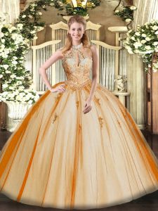 Gorgeous Orange Red Ball Gowns Tulle Halter Top Sleeveless Lace and Appliques Floor Length Lace Up Quinceanera Dress