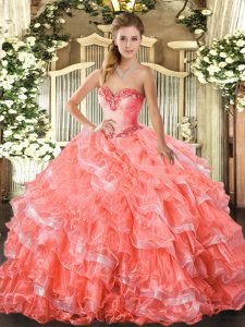 Fitting Watermelon Red Ball Gowns Beading and Ruffled Layers Sweet 16 Dresses Lace Up Organza Sleeveless Floor Length