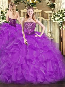 Strapless Sleeveless Organza Ball Gown Prom Dress Beading and Ruffles Lace Up