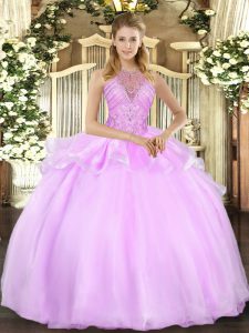 Colorful Sleeveless Organza Floor Length Lace Up Ball Gown Prom Dress in Lilac with Beading
