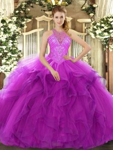 High End High-neck Sleeveless Organza Sweet 16 Quinceanera Dress Beading and Ruffles Lace Up