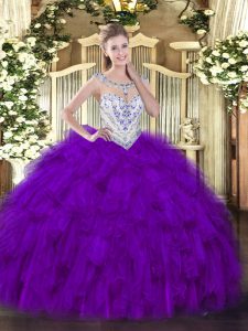 Beautiful Purple Scoop Zipper Beading and Ruffles Ball Gown Prom Dress Sleeveless