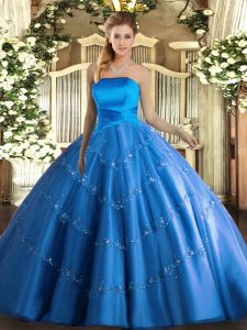 Exquisite Blue Ball Gowns Appliques Quinceanera Dress Lace Up Tulle Sleeveless Floor Length