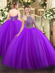 Beading Quinceanera Gowns Purple Lace Up Sleeveless Floor Length