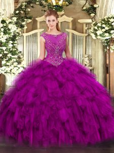 Dynamic Fuchsia Zipper Scoop Beading and Ruffles Quince Ball Gowns Organza Sleeveless