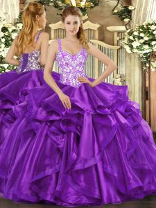 High End Eggplant Purple Quinceanera Gown Sweet 16 and Quinceanera with Beading and Appliques and Ruffles Straps Sleeveless Lace Up