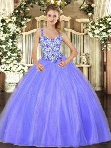 Elegant Lavender Ball Gowns Straps Sleeveless Organza Floor Length Lace Up Beading Quinceanera Gown