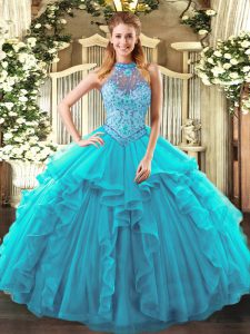 Perfect Sleeveless Organza Floor Length Lace Up Quinceanera Dress in Teal with Beading and Ruffles