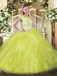 Sleeveless Floor Length Beading and Ruffles Zipper Quinceanera Dresses with Yellow Green