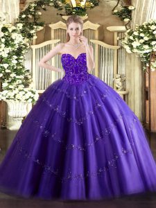 Edgy Tulle Sweetheart Sleeveless Lace Up Appliques Sweet 16 Dress in Purple