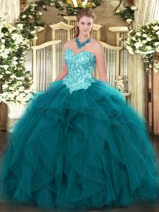 Organza Sweetheart Sleeveless Lace Up Appliques and Ruffles Quinceanera Dresses in Teal