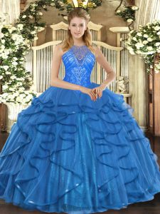 Cute Teal 15th Birthday Dress Military Ball and Sweet 16 and Quinceanera with Beading and Ruffles High-neck Sleeveless Lace Up