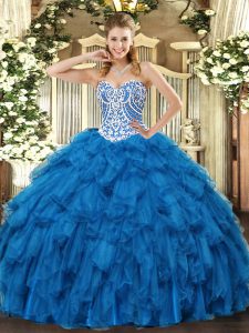 Blue Ball Gowns Tulle Sweetheart Sleeveless Beading and Ruffles Floor Length Lace Up Quince Ball Gowns
