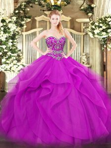 Best Fuchsia Sleeveless Tulle Lace Up Sweet 16 Quinceanera Dress for Military Ball and Sweet 16 and Quinceanera