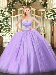 Most Popular Lavender Sleeveless Floor Length Beading Lace Up Sweet 16 Quinceanera Dress