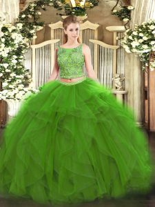 Lovely Floor Length Two Pieces Sleeveless Green Quince Ball Gowns Lace Up