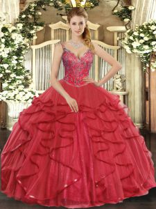 Admirable V-neck Sleeveless Quinceanera Dress Floor Length Beading and Ruffles Wine Red Tulle