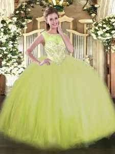 Unique Sleeveless Tulle Floor Length Zipper Quinceanera Dresses in Yellow Green with Beading