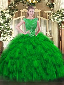 Green Sleeveless Floor Length Beading and Ruffles Zipper Quinceanera Gowns