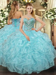 Aqua Blue Sleeveless Tulle Lace Up Sweet 16 Dress for Prom and Military Ball and Sweet 16 and Quinceanera