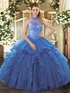 Sleeveless Floor Length Beading and Embroidery and Ruffles Lace Up 15 Quinceanera Dress with Blue