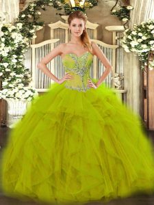 Perfect Olive Green Ball Gowns Organza Sweetheart Sleeveless Beading and Ruffles Floor Length Lace Up 15 Quinceanera Dress