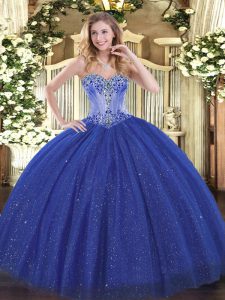 Attractive Sleeveless Sequined Lace Up Sweet 16 Dress in Royal Blue with Beading