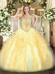 Gold Sleeveless Organza Lace Up Sweet 16 Dress for Military Ball and Sweet 16 and Quinceanera