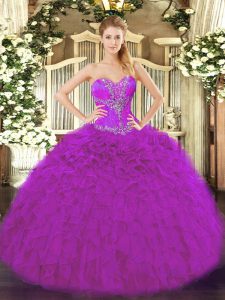 Hot Sale Fuchsia Ball Gowns Beading and Ruffles 15 Quinceanera Dress Lace Up Organza Sleeveless Floor Length