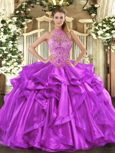 Fitting Sleeveless Floor Length Beading and Embroidery and Ruffles Lace Up Quinceanera Dresses with Purple