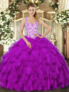 Wonderful Fuchsia Sleeveless Organza Lace Up Quince Ball Gowns for Sweet 16 and Quinceanera