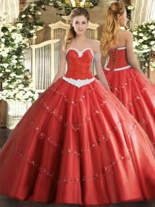 Modest Floor Length Coral Red Quince Ball Gowns Tulle Sleeveless Appliques