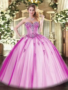 Ideal Fuchsia Tulle Lace Up 15 Quinceanera Dress Sleeveless Floor Length Beading and Appliques