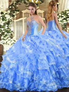 Sleeveless Organza Floor Length Lace Up Vestidos de Quinceanera in Baby Blue with Beading and Ruffled Layers