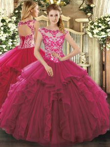 Noble Ball Gowns Quinceanera Dresses Fuchsia Scoop Organza Sleeveless Floor Length Lace Up