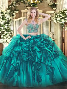 Simple Teal 15 Quinceanera Dress Military Ball and Sweet 16 and Quinceanera with Beading and Ruffles Scoop Sleeveless Lace Up