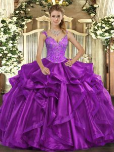 Great Purple Straps Lace Up Beading and Ruffles Sweet 16 Dresses Sleeveless