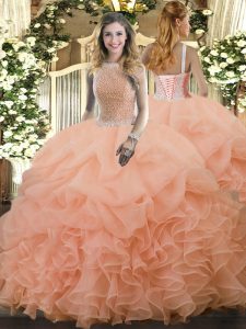 High Class High-neck Sleeveless Quinceanera Gowns Floor Length Beading and Ruffles and Pick Ups Peach Organza