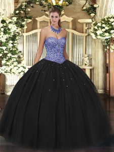 Smart Black Sleeveless Tulle Lace Up Quince Ball Gowns for Military Ball and Sweet 16 and Quinceanera