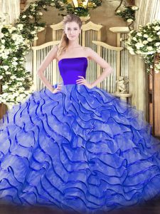 Stylish Ball Gowns Sleeveless Blue Quinceanera Gown Brush Train Zipper
