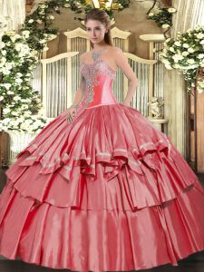 Vintage Coral Red Sleeveless Beading and Ruffled Layers Floor Length Sweet 16 Quinceanera Dress