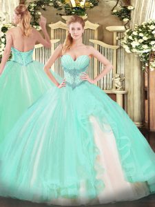 Designer Sleeveless Tulle Floor Length Lace Up Ball Gown Prom Dress in Apple Green with Beading and Ruffles